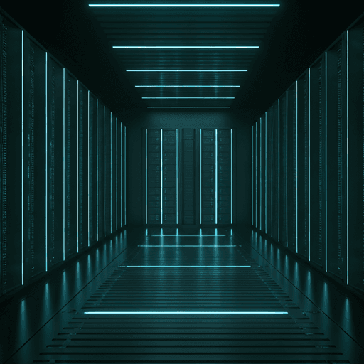 Minimalist architectural visualization of a futuristic data center with clean lines and ethereal cyan lighting.