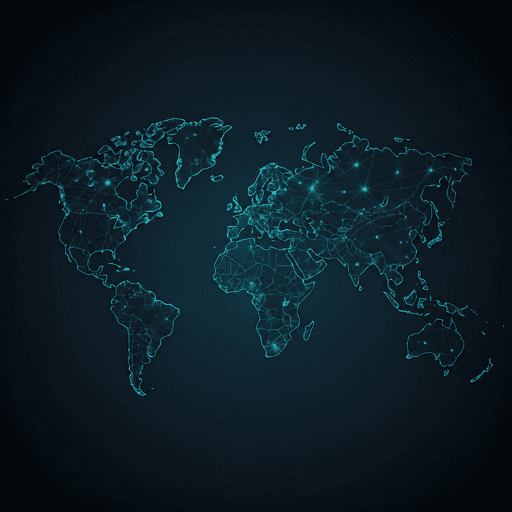 Minimalist world map with glowing cyan connection nodes on a deep navy background.
