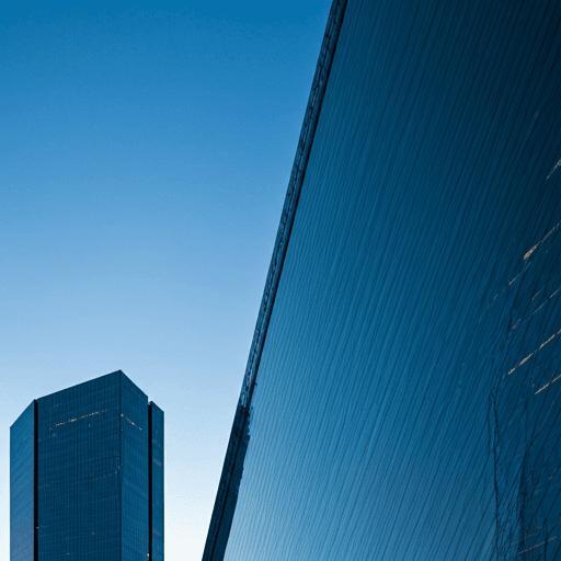 Abstract architectural photography of a futuristic skyscraper with clean lines and reflective glass against a twilight blue sky.
